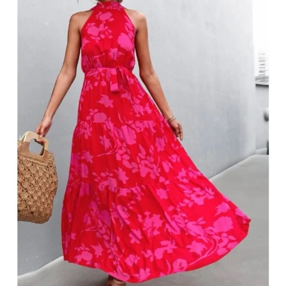Boho pink  floral print belted halter maxi dress - Picture 6 of 14